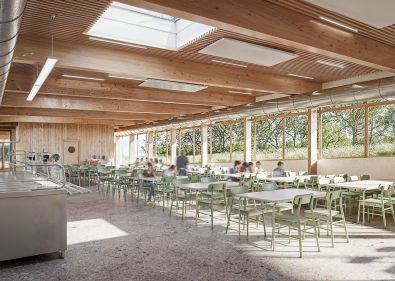Perspectives 3D intÃ©rieure du restaurant scolaire.