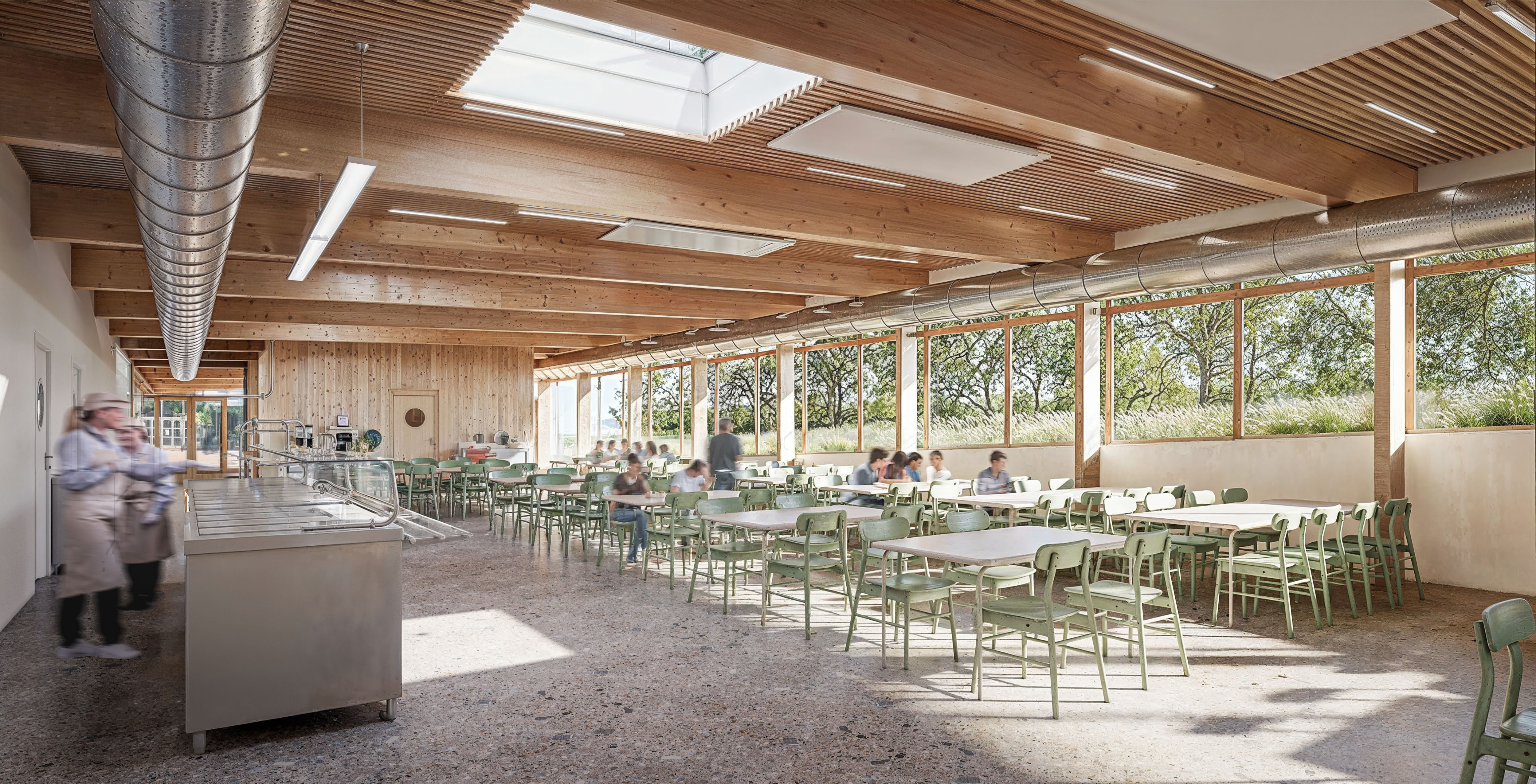 Perspectives 3D intÃ©rieure du restaurant scolaire.